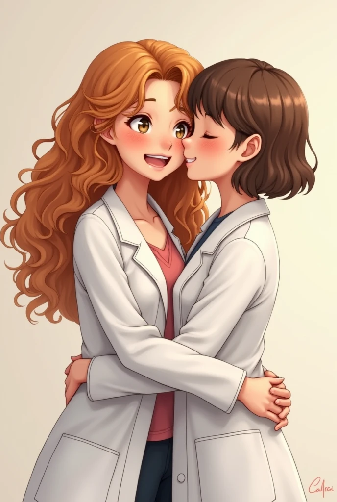 Me: White, light brown almost honey eyes, long curly copper-blonde hair type 3A, 159cm tall 2. My teacher: Woman, short brown hair, wears glasses, brown eyes, smiles a lot. 164cm tall. 6. Both in jaleco branco hugging and smiling.