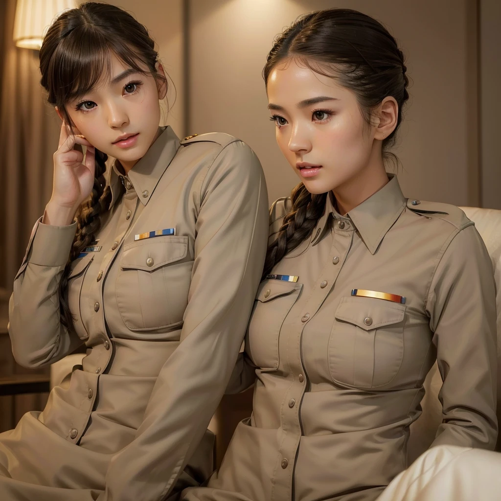 A beautiful young Japanese girl in tidy police uniform, her hair neatly styled, slender and physique, (best quality,4k,8k,highres,masterpiece:1.2),ultra-detailed,(realistic,photorealistic,photo-realistic:1.37),detailed intricate dress, detailed facial features, delicate feminine expression, serene atmosphere, soft lighting, muted color palette, elegant composition