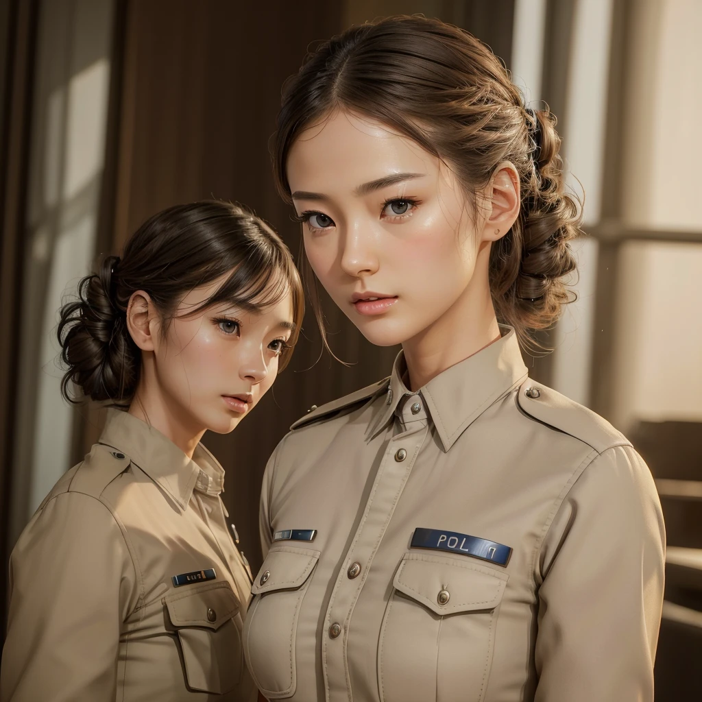 A beautiful young Japanese girl in tidy police uniform, her hair neatly styled, slender and  physique, (best quality,4k,8k,highres,masterpiece:1.2),ultra-detailed,(realistic,photorealistic,photo-realistic:1.37),detailed intricate dress, detailed facial features, delicate feminine expression, serene atmosphere, soft lighting, muted color palette, elegant composition