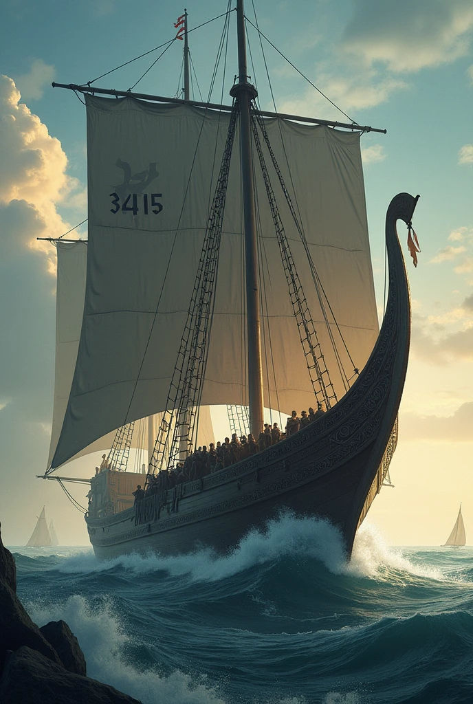 A giant Viking ship full of warriors with the inscription 3415 on the sail