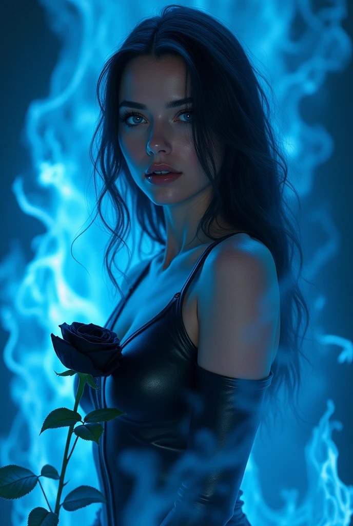 A picture of an extremely beautiful woman, with very blue eyes, small nose, labios carnosos very beautiful, with a black leather jumpsuit, surrounded by a blue fire, and a black rose in her hand, very beautiful