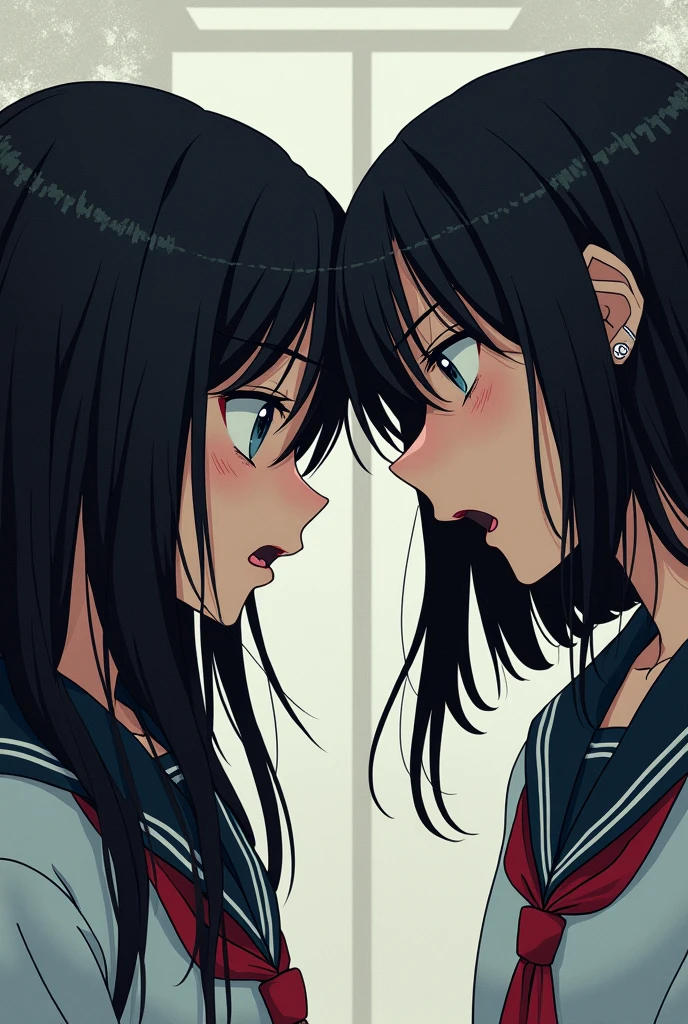 Two Japanese high school girls wearing school uniforms looking at each other，One of the girls, with long black hair and bangs, looked angry.，A black bob head with a sad expression。The style of painting is like Korean comics。