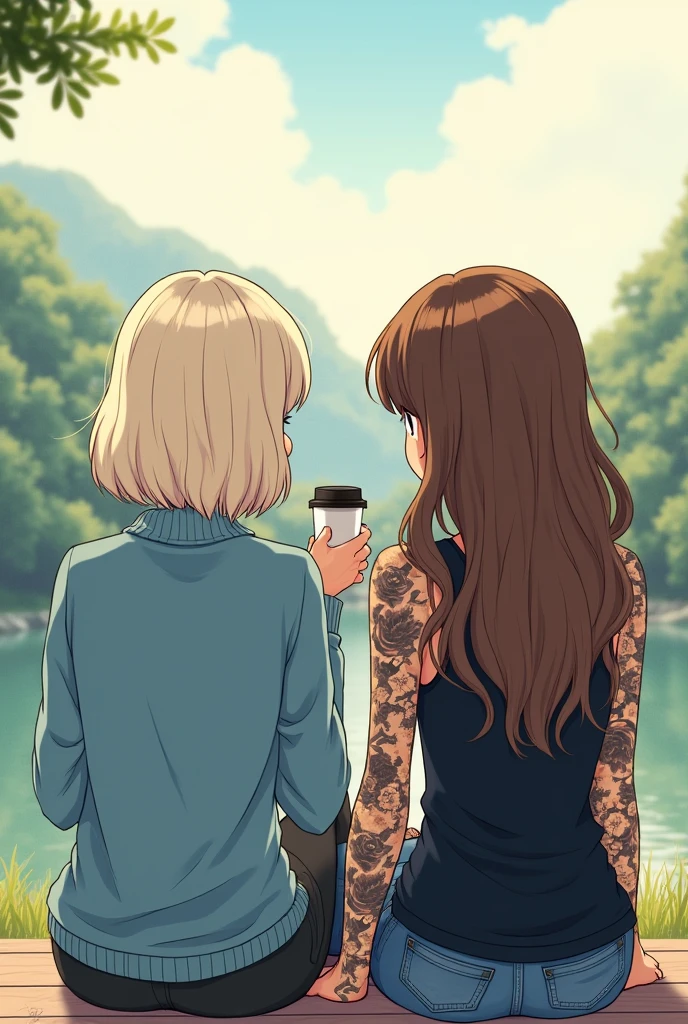 Un dessin de type manga de deux filles assises l'une à côté de l'autre de dos qui boivent un café dans la nature. We only see their backs. The first girl has platinum blonde hair with a very straight bob cut that stops at the shoulders and a blue sweater.. The second one has very long brown wavy hair down to her buttocks and a black tank top.. She has her entire right arm tattooed. Toutes les deux sont de dos et regardent à l’horizon avec leur café. 