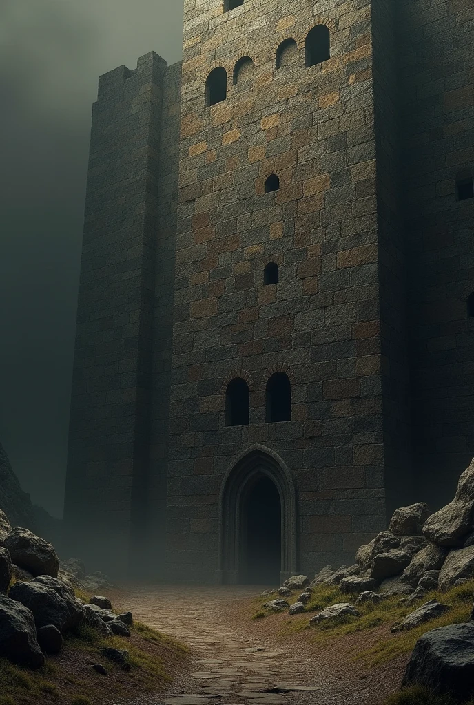 I want a very large stone wall with a dark background with dark brown tones