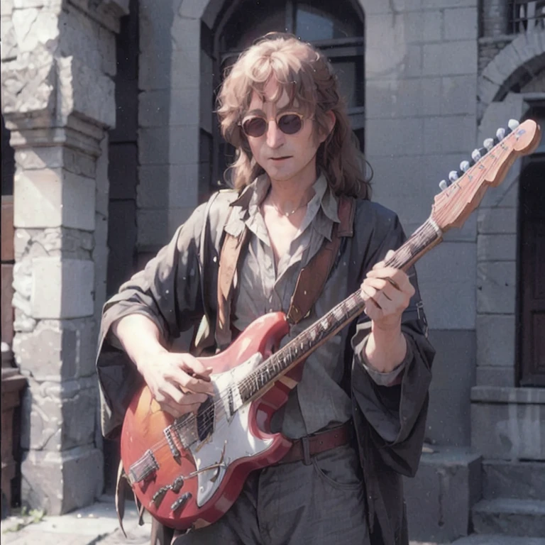 image of john lennon with long hair wearing an outfit from the movie lord of the rings, playing his guitar at a medieval fair