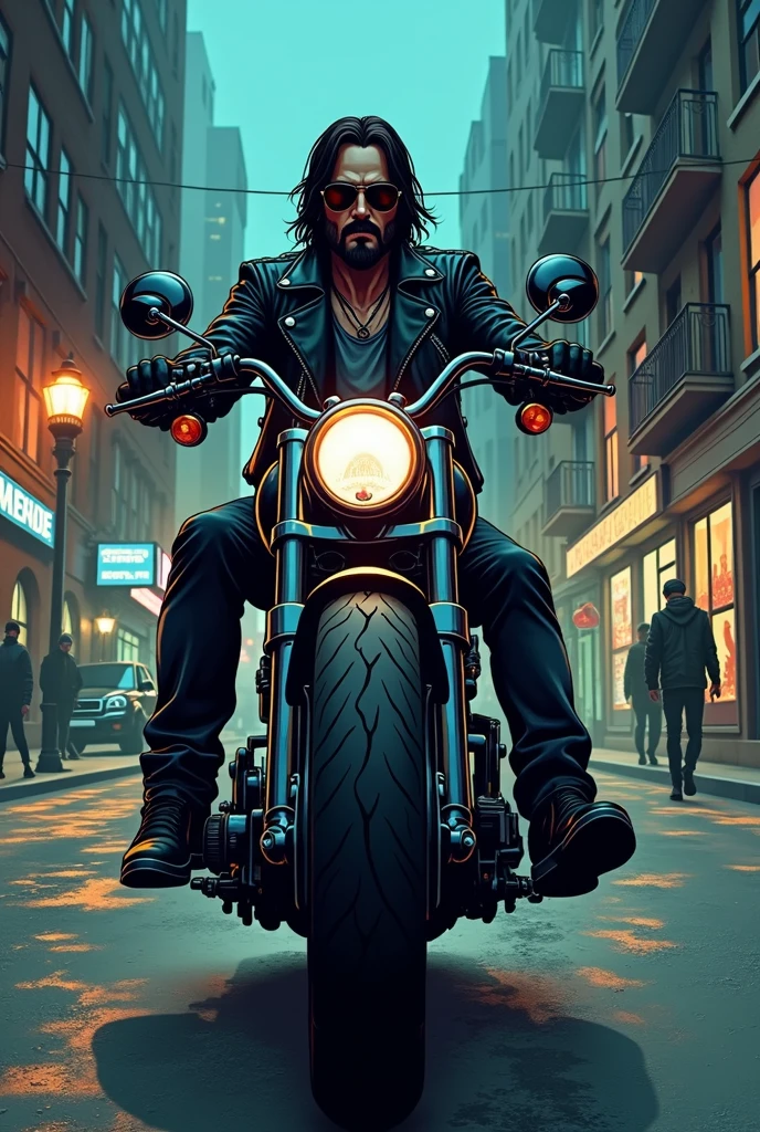 (mid-shot), ultra detailed 2d cartoon manga concept art illustration, 1man, looks like keanu reeves in the movie John wick, wearing black leather biker jacket and oakley sunglasses, full beard, riding diary chopper motorcycle on city street, crime and danger、Tension and suspense、Reflections on the avant-garde and the low ebb、Shady、evocative composition