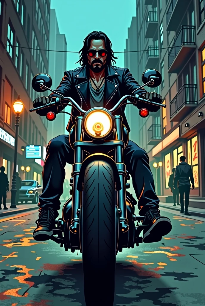 (mid-shot), ultra detailed 2d cartoon manga concept art illustration, 1man, looks like keanu reeves in the movie John wick, wearing black leather biker jacket and oakley sunglasses, full beard, riding diary chopper motorcycle on city street, crime and danger、Tension and suspense、Reflections on the avant-garde and the low ebb、Shady、evocative composition