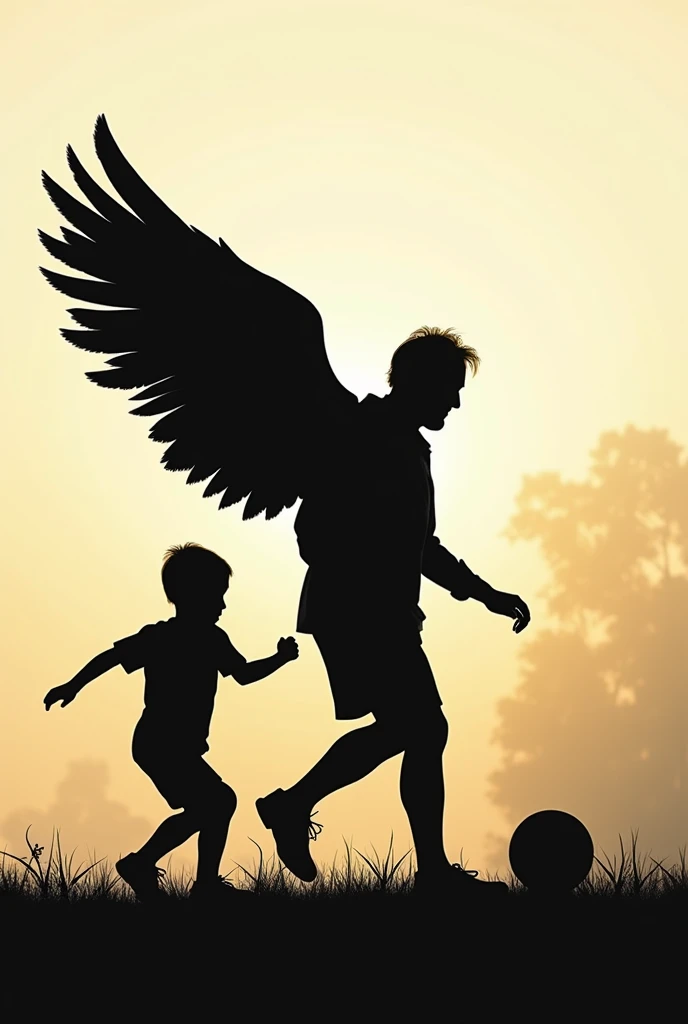 silhouette only outline without filling of a grandfather with wings and his little grandson playing soccer 
