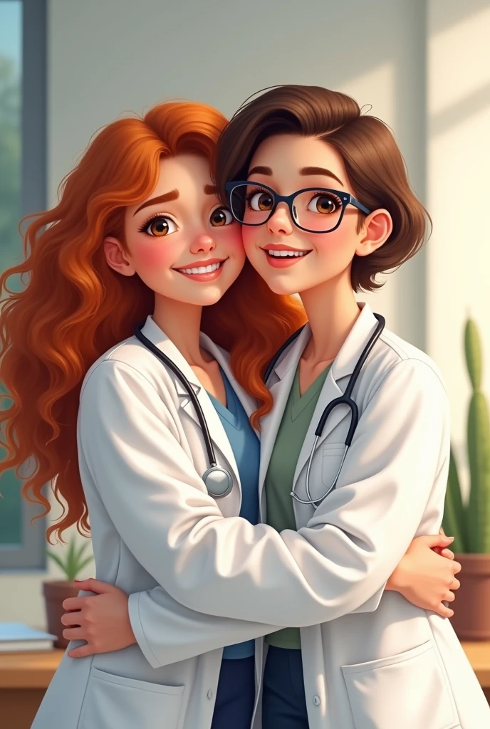 Me: White, light brown almost honey eyes, long curly copper-blonde hair type 3A, 159cm tall 2. My teacher: Woman, short brown hair, wears glasses, brown eyes, smiles a lot. 164cm tall. 6. Both in jaleco branco hugging and smiling. For psychologist day.