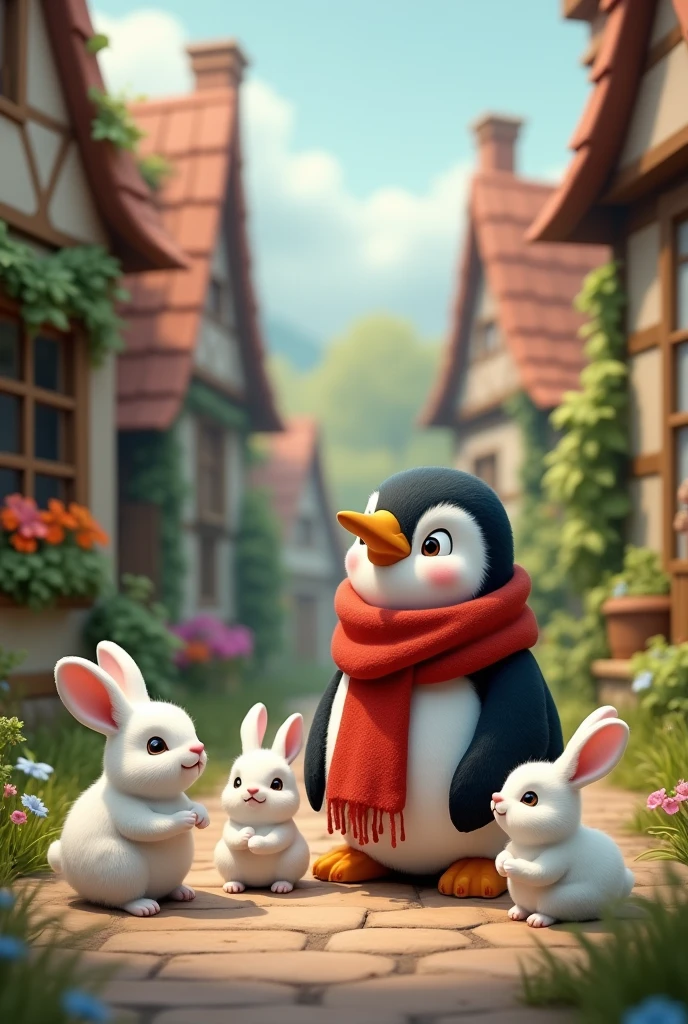 A penguin wearing red scarf telling stories to 3 white tiny rabbits in the village. Faiytale atmosphere