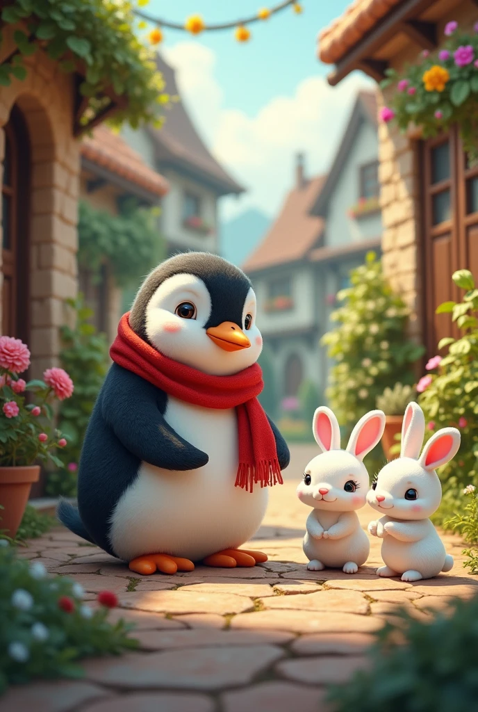 A penguin wearing red scarf telling stories to 3 white tiny rabbits in the village. Faiytale atmosphere