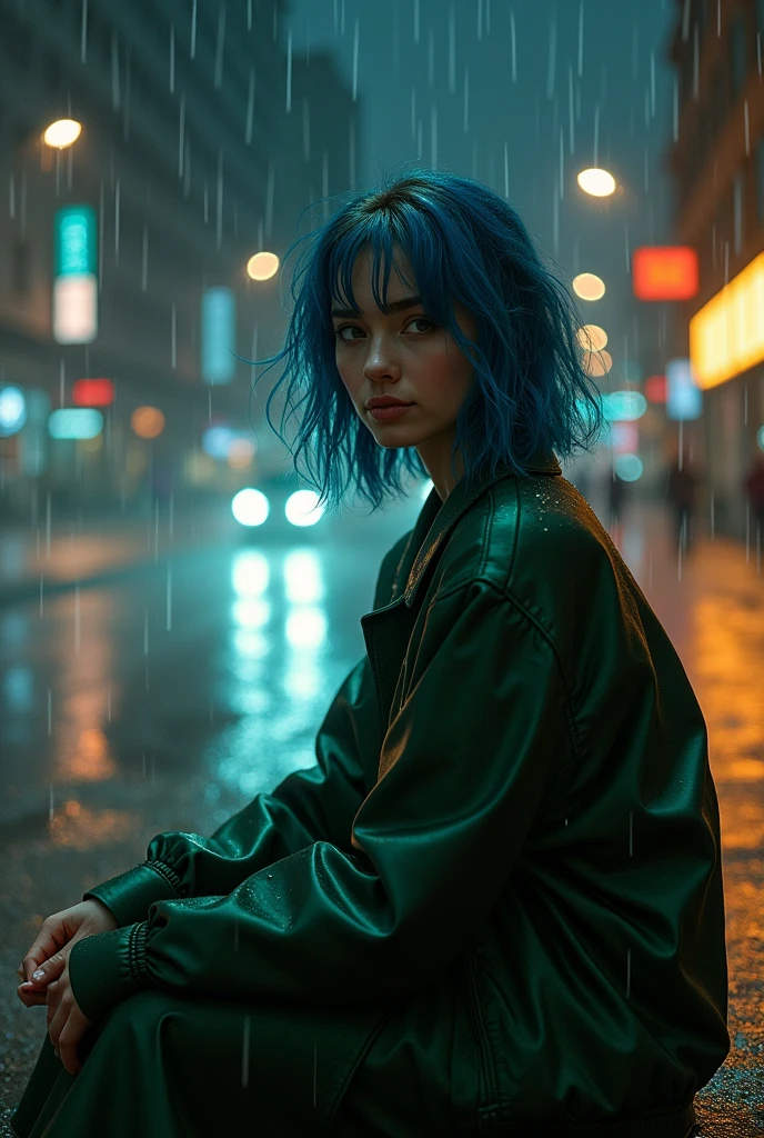 A woman in her 20s with blue hair , waering a dark green satin dress with a jacket and soaking in rain and she's smirking with her eyes closed in the middle of the night and she's sitting on the street