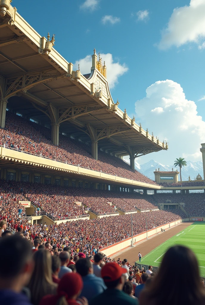 a grandstand with fans in the background, main focus on the grandstand from afar
(with the image lying down)