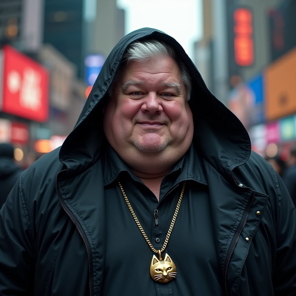 ((( best qualityer))) (((high resolution))) ((portraite)) make a fat young man's fat face. he has white hair combed to the side and short on top,and on the side a gradient until it becomes bald. wearing a black winter jacket with a mystical hood open over his head with a mystical air. wearing a gold necklace with a cat on the pendant. as if he were parading through Times Square