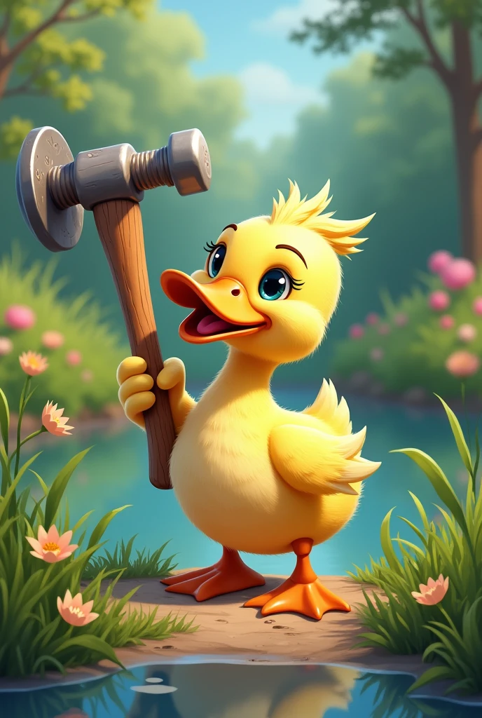Duck holding a hammer with its beak