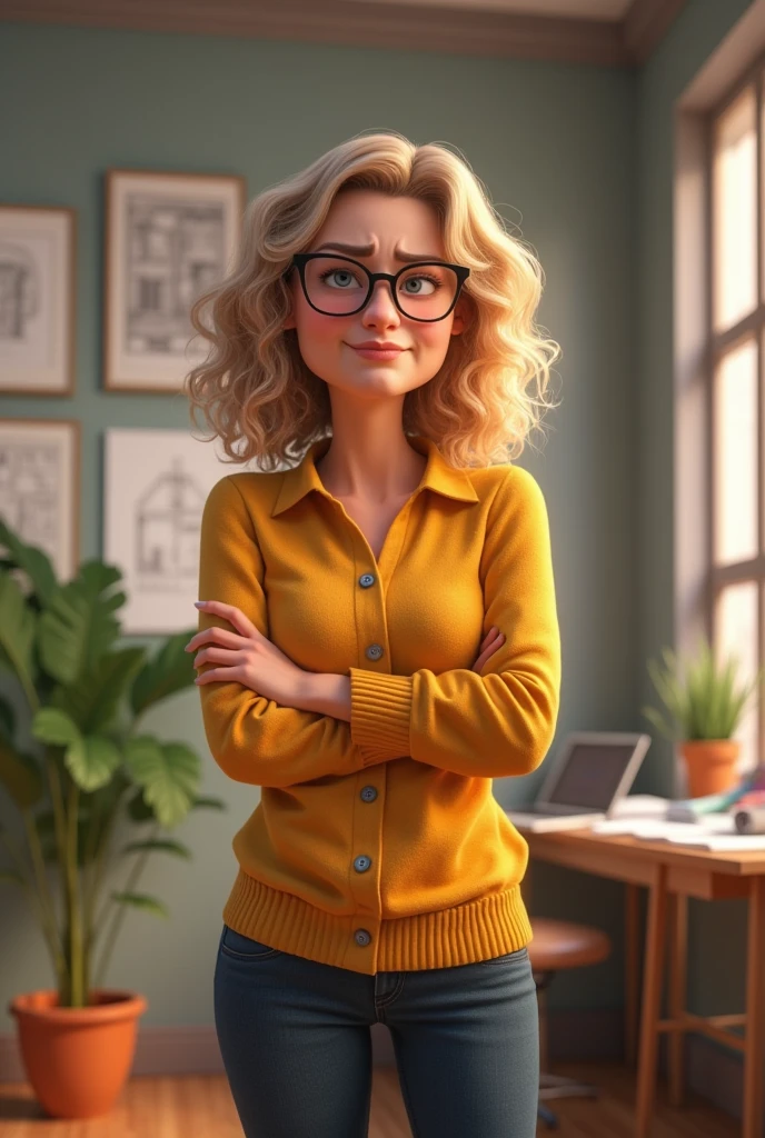 in an office environment, with interior design projects, a female architect with a round face, Body with curves, medium length blonde curly hair and round glasses with arms crossed and angry expression in disney pixar style




