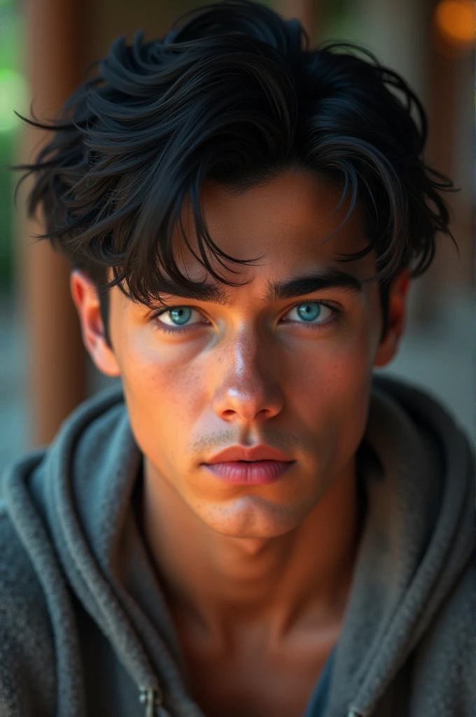 Young man black hair blue eyes