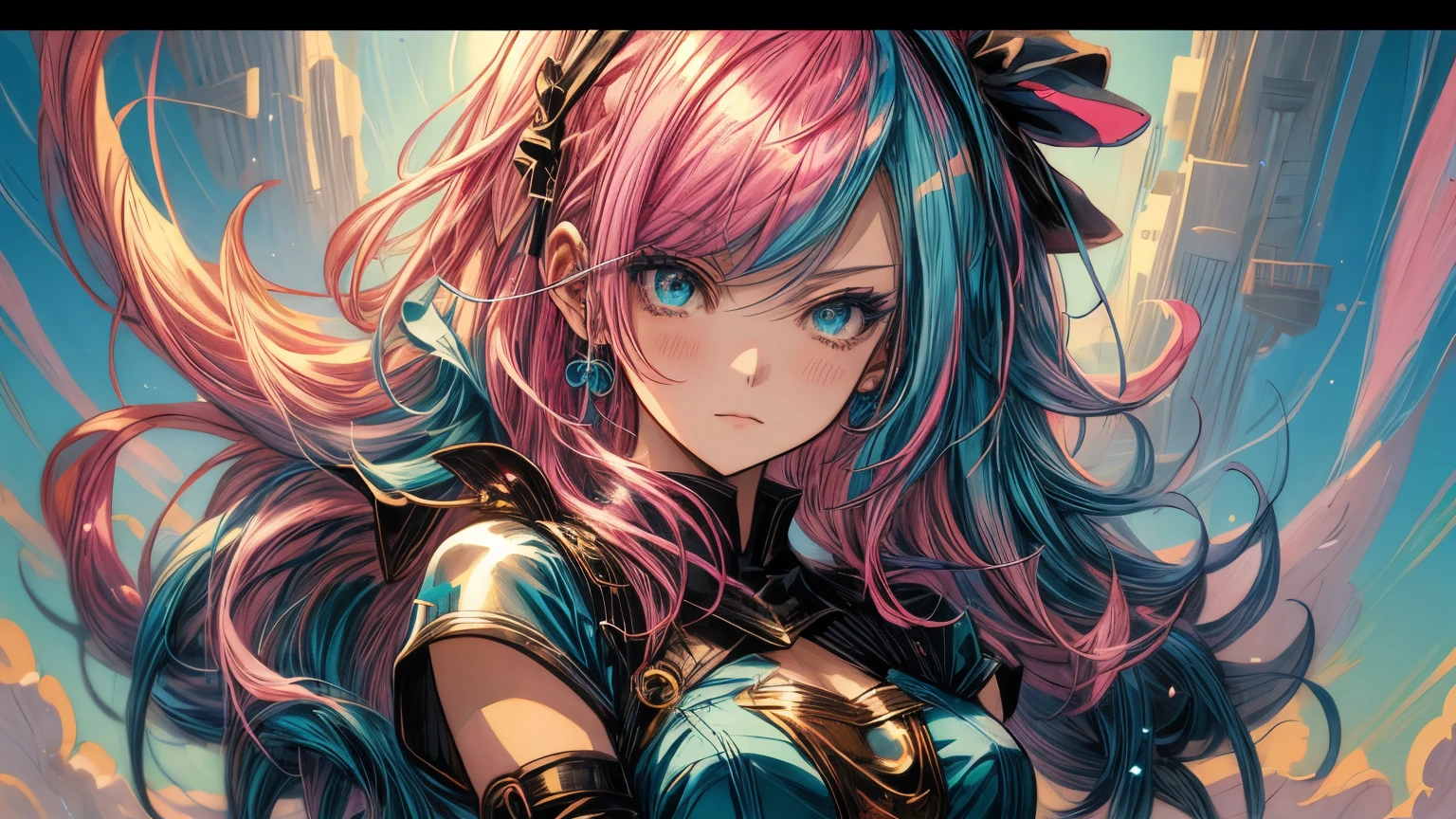 Anime girl with pink hair and blue eyes wearing a blue dress., portrait, Knights of the Zodiac, , detailed digital animated art, hermoso portrait animado, anime girl with cosmic hair, Pink hair and cyan eyes., 4K anime style, digital animated art, anime fantasy illustrations, anime fantasy illustration., anime in fantasy style, portrait chica anime, Detailed anime character art