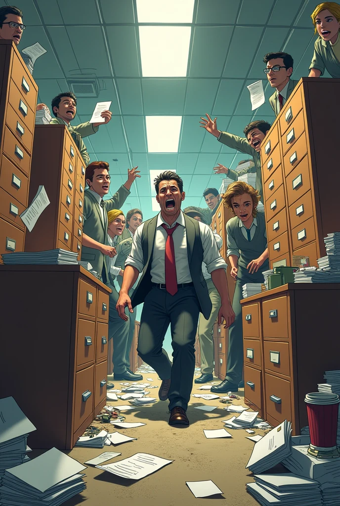 Viñeta 1:
scene: Messy office with employees searching for documents in drawers and piles of papers. Some employees are frustrated, others reviewing piles of documents.
Text: "I can't find that contract! Does anyone know where it is??"
