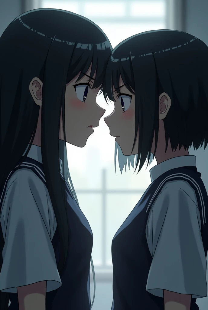 Two Japanese high school girls wearing school uniforms looking at each other，One of the girls, with long black hair and bangs, looked angry.，A black bob head with a sad expression。