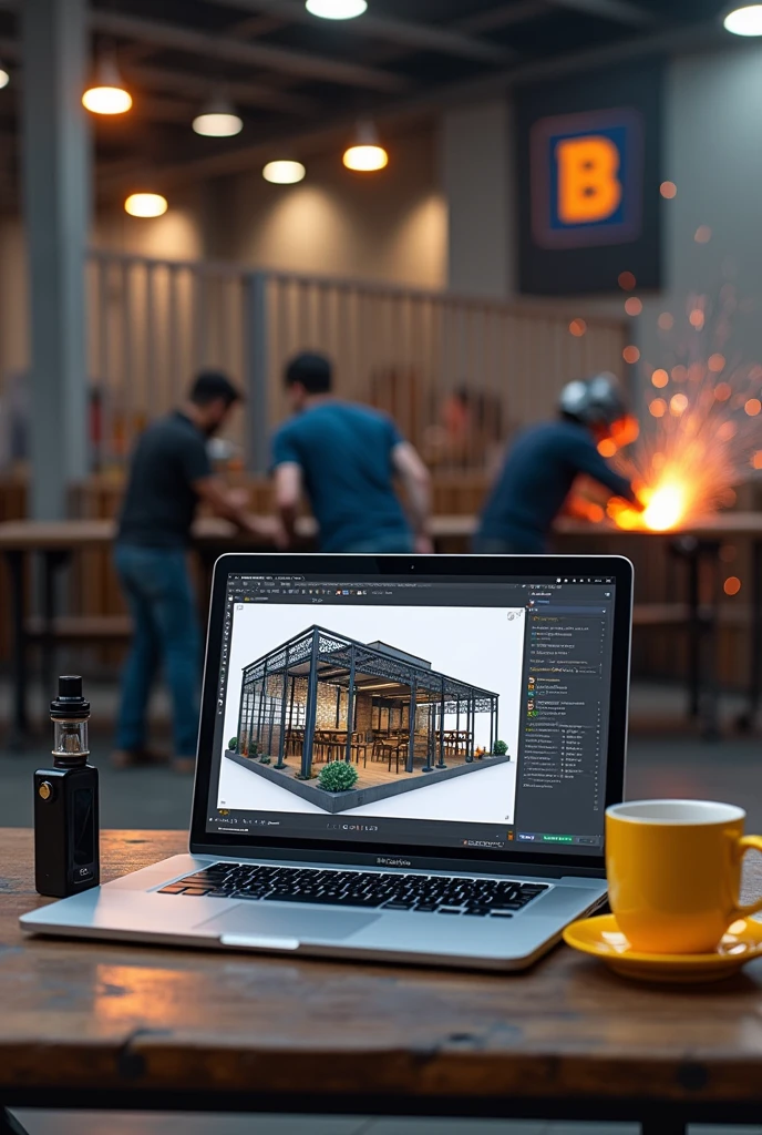 Laptop screen shot showing 3d design of iron frame cafe. Beside the laptop is a black vape the size of a finger and a yellow coffee cup.. Behind the laptop there are several welders welding iron fences and canopies in a large warehouse with lots of iron poles., there is a banner with the letter B logo.
