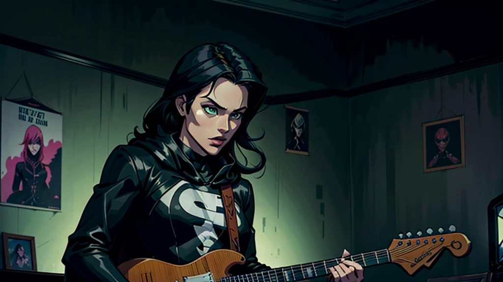 An anime character in a black cape and dark clothes is playing a bright green guitar in a dark room. The room has posters and other colorful items on the walls..