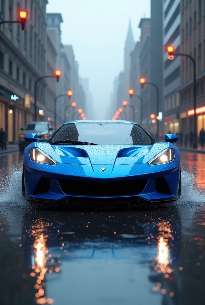 Blue color car in rain daylight