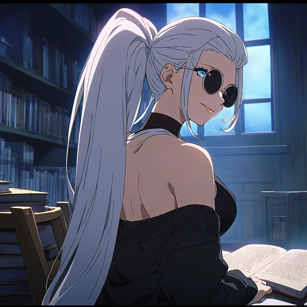 1girl, female gojo satoru, anime screencap from jujutsu kaisen, gojo satoru female version, solo, very long_hair, ((The hair is styled with part of it pulled back and the rest cascading down her back)) Blue eyes, ((white eyelashes)), ((very long white_hair)), night view, breasts, upper_body, smile, indoors, book, bangs, Blue_eyes, lips, (wearing round sunglasses) wearing black color sweater off the shoulder, breast, "very detaile1girl, female gojo satoru, anime screencap from jujutsu kaisen, gojo satoru female version, solo, very long_hair, ((The hair is styled with part of it pulled back and the rest cascading down her back)) Blue eyes, ((white eyelashes)), ((very long white_hair)), night view, breasts, upper_body, smile, indoors, book, bangs, Blue_eyes, lips, (wearing round sunglasses)  wearing black color sweater off the shoulder, breast, "very detailed and high resolution" (Blue eyes) ((smooth texture hair)) ((solo)) ((high resolution)) ((cowboy shot)) (Good quality)  cleavage,((front view))Breasts seen from the bottom perspective of the butt from behind big pose Simplis beautiful sexy woman with long straight hair light effect wearing black thong bikini big curves thong bikini marked on the black pants simple sitting breasts alerting the wall muscular smiling face smiling look(( Additional Detail:forma: Eye shapes vary greatly, but generally have rounded and curvilinear contours. This softness contributes to the overall aesthetic of "cuteness" and youth often associated with anime. Iris: The colors of the iris are vibrant and varied, ranging from natural tones like brown and blue to fantasy colors like pink, green and purple. This variety contributes to the creation of visually appealing and distinct characters.. sheen: Anime eyes often have a glow or reflection of light., which gives them a vivid and dynamic appearance. This glow can be used to highlight the character&#39;s emotion or to draw attention to a specific point in the scene..)) ((up to the knees..))