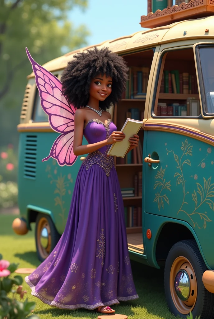 Drawing of a black teacher with curly hair, dressed as a purple fairy, with a long dress, with a pamphlet in his hands, next to a beautiful kombi with shades of blue and green that is full of books inside. May the fairy and the van appear in full