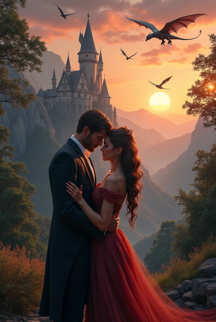 (photorealism:1.2), beautiful woman, and man, embracing, sunset, near castle, trees, dark sky, mountains, dragons, birds 