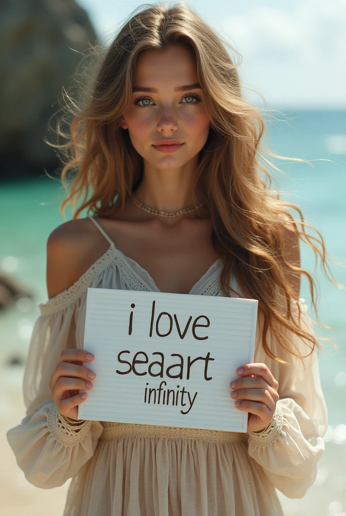 Beautiful girl with wavy long hair, bohemian dress, holding a white board with text "I Love Seaart Infinity" and showing it to the viewer