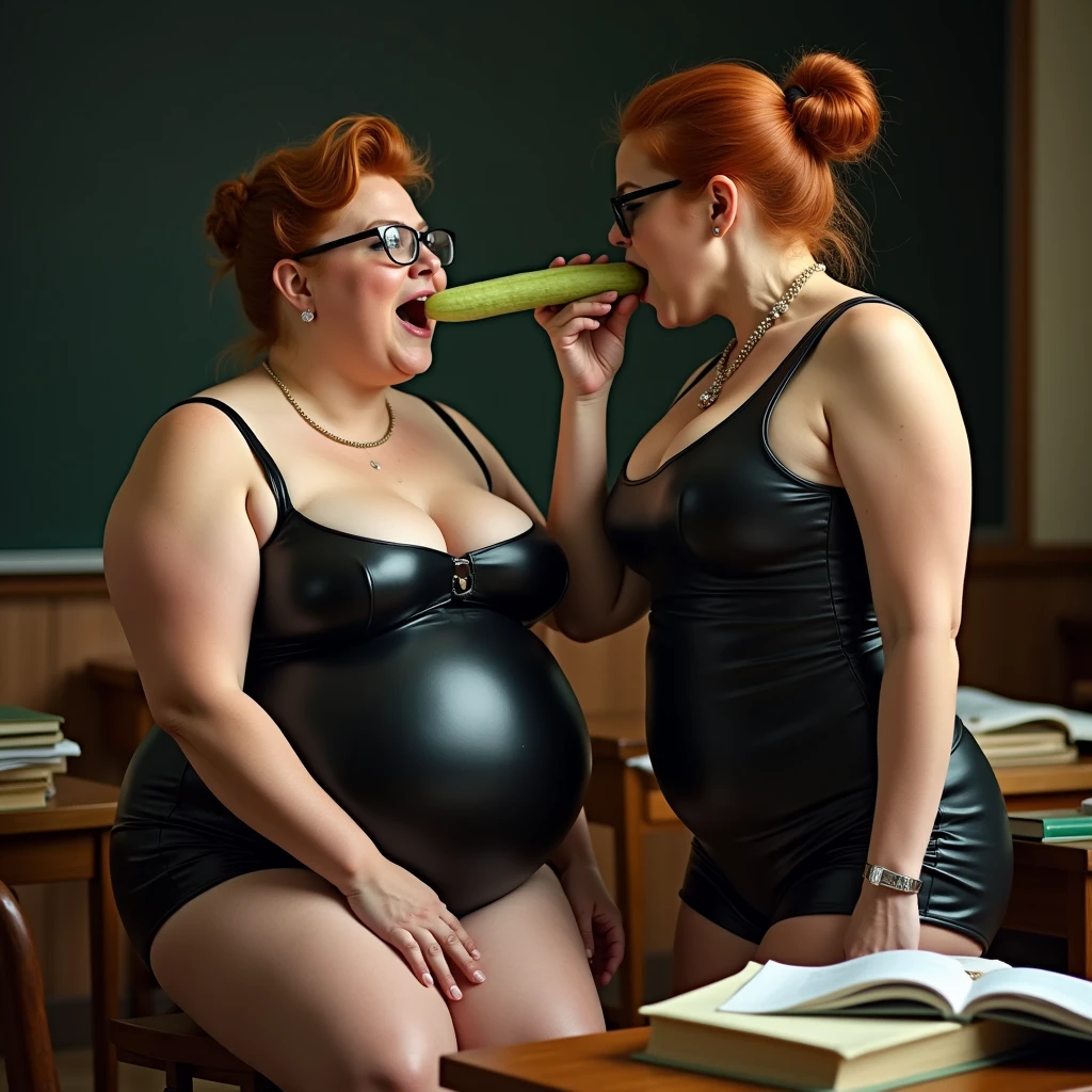 NSFW, XXX image, exposed huge boobs, realistic photo with a couple, femdom governess training her male 18yo slave, 1woman, 65yo sexy plumper aged woman, wrinkled, double chin, chubby, laughing with closed mouth, standing up tall threatening pushing a big cucumber deep into 18yo man's open mouth, in a crowded nudist classroom, bending forward over the student, eyeglasses, strict, ginger hair with bun, sleeveless very tight short leather fetish dress, exposed belly, BREAK, 1boy, small round student, naked, sit bending forward on a desk full of books, afraid candid expression, open wide mouth swallowing the cucumber pushed by mistress, ((detailed classroom background, perfect bright lighting)), full bodies shot, both faces in framing