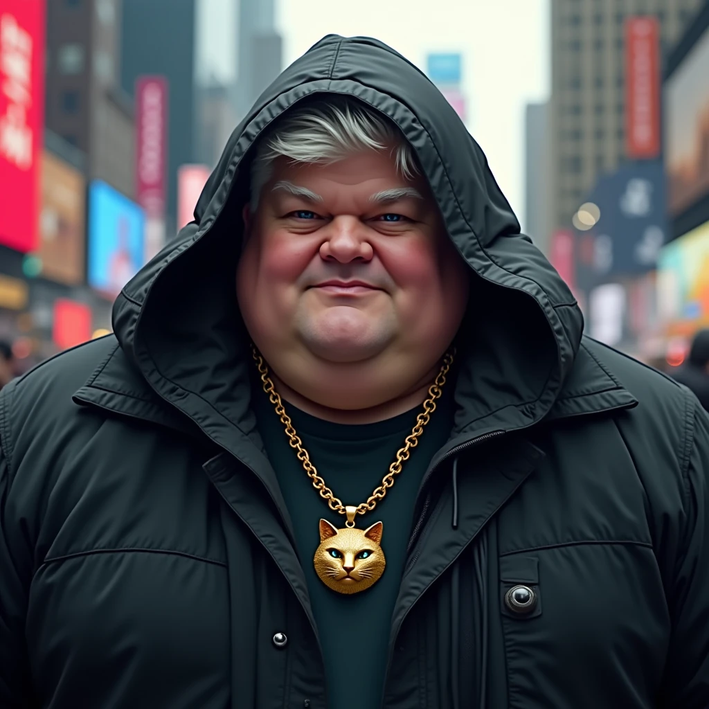((( best qualityer))) (((high resolution))) ((portraite)) make a fat face of a little fat young man. he has white hair combed to the side and short on top,and on the side a gradient until it becomes bald. wearing a black winter jacket with a mystical hood open over his head with a mystical air. wearing a gold necklace with a cat on the pendant. as if he were parading through Times Square