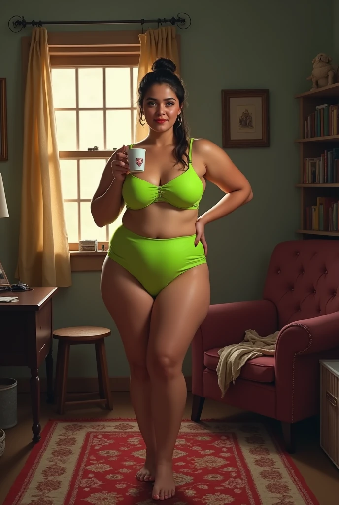 A chubby Afghan woman in her mid-twenties, standing proudly in the center of a dimly lit, modestly furnished room. She is wearing a neon-green micro-bikini that contrasts sharply with the subdued earth tones of the surroundings. Her hair is pulled back in a simple bun, revealing a face that exudes confidence .The room is cluttered with a mix of traditional and modern elements, including a vibrant Persian rug and a plush, slightly worn armchair. In the background, a window with partially drawn curtains allows a sliver of natural light to illuminate the space, casting a warm glow on the walls adorned with framed family photos and a small bookshelf filled with a variety of books. Her posture is relaxed yet powerful, one hand resting on her hip while the other holds a cup of tea, hinting at the comfort she feels in her own skin. Her eyes meet the viewer's gaze, challenging societal norms and expectations with a silent declaration of self-love and acceptance. Her body, a testament to resilience and beauty beyond conventional standards, fills the space with an undeniable presence that transcends the physical. This realistic depiction captures the essence of a woman who refuses to be defined by external factors, celebrating her individuality and personal journey towards self-confidence.