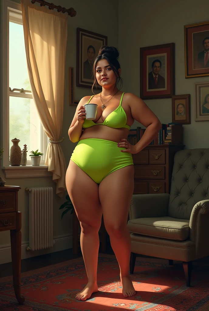 A chubby Afghan woman in her mid-twenties, standing proudly in the center of a dimly lit, modestly furnished room. She is wearing a neon-green micro-bikini that contrasts sharply with the subdued earth tones of the surroundings. Her hair is pulled back in a simple bun, revealing a face that exudes confidence .The room is cluttered with a mix of traditional and modern elements, including a vibrant Persian rug and a plush, slightly worn armchair. In the background, a window with partially drawn curtains allows a sliver of natural light to illuminate the space, casting a warm glow on the walls adorned with framed family photos and a small bookshelf filled with a variety of books. Her posture is relaxed yet powerful, one hand resting on her hip while the other holds a cup of tea, hinting at the comfort she feels in her own skin. Her eyes meet the viewer's gaze, challenging societal norms and expectations with a silent declaration of self-love and acceptance. Her body, a testament to resilience and beauty beyond conventional standards, fills the space with an undeniable presence that transcends the physical. This realistic depiction captures the essence of a woman who refuses to be defined by external factors, celebrating her individuality and personal journey towards self-confidence.