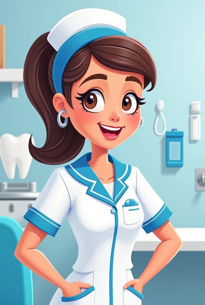 Cartoon of a dental nurse in a white and blue uniform 