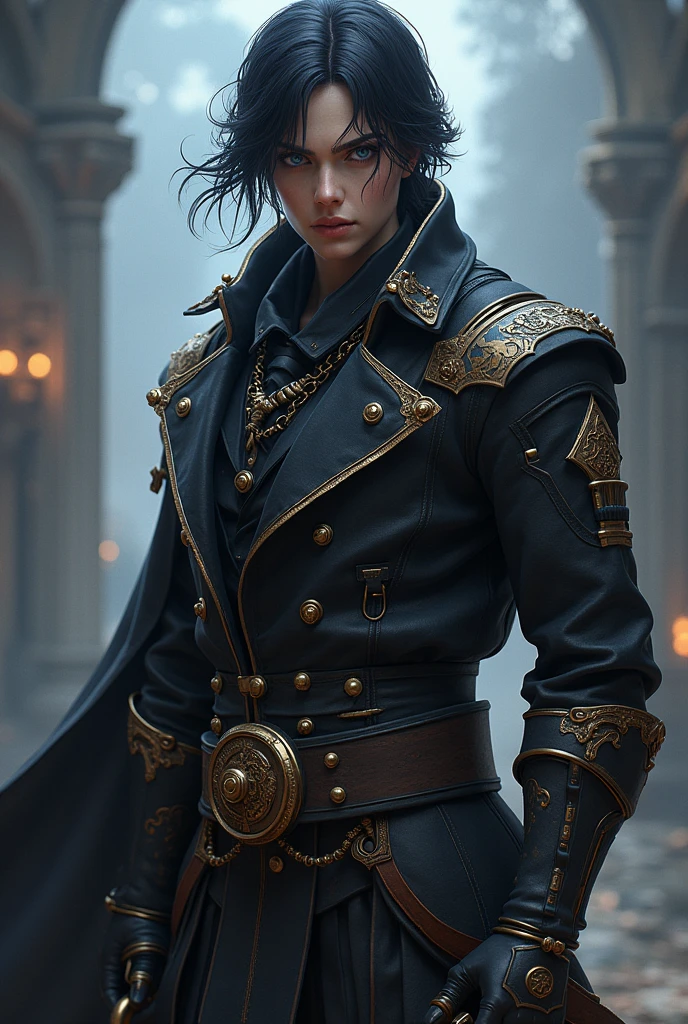 A Tormenta character of the Inventor class whose weapon is a musket.
without mask, with dark hair and blue eyes
