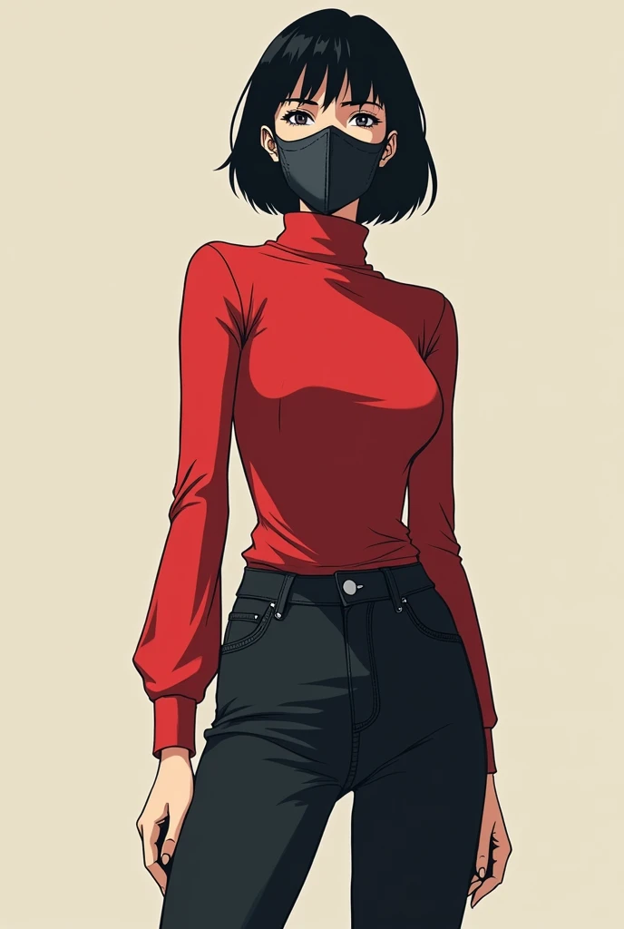 tall woman , Short black hair and black jeans and a red top with sleeves and a mask that covers her entire face, anime version