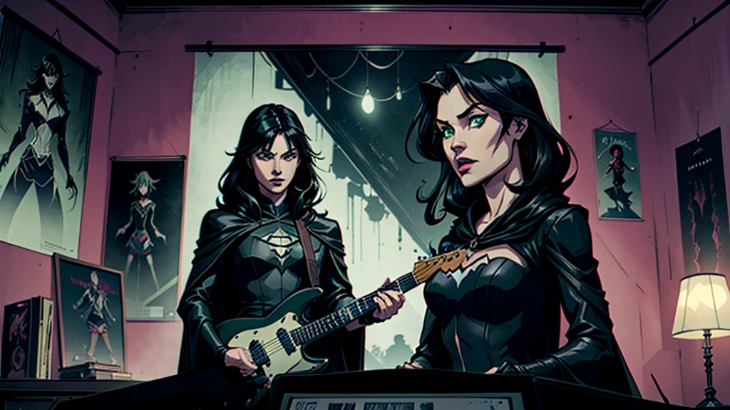 An anime character in a black cape and dark clothes is playing a bright green guitar in a dark room. The room has posters and other colorful items on the walls..