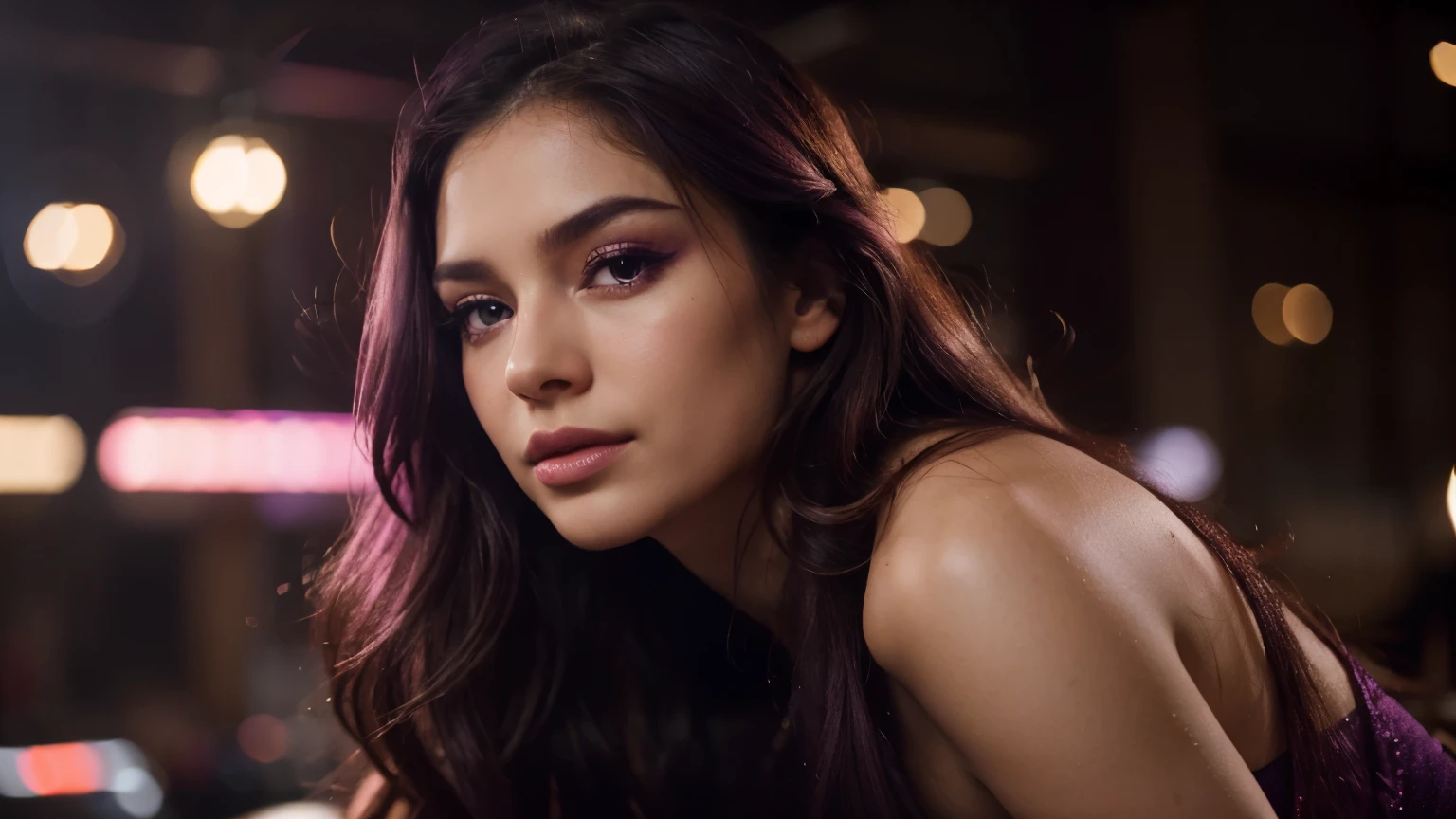 best quality,portrait,purple and pink lighting,vibrant colors,bokeh,highres,ultra-detailed, long flowing hair, sensual pose, alluring expression, glossy lips, smoky eyes, flawless complexion, seductive gaze, captivating beauty