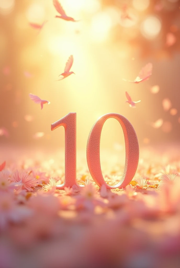 The world is full of kindness　((((((Beautiful numbers)))))) ((((10th Anniversary Celebration)))) In a soft golden world、Pink and rainbow feathers fluttering　The air is so clear　The sunrise is beautiful　The world is full of beauty　((((10 in the center)))) Real-world impact