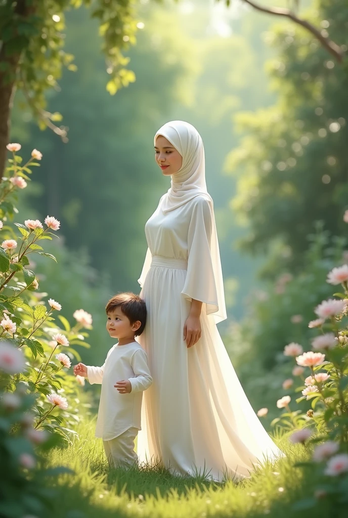 Hijabic beautiful Girl at garden in White dress
With son