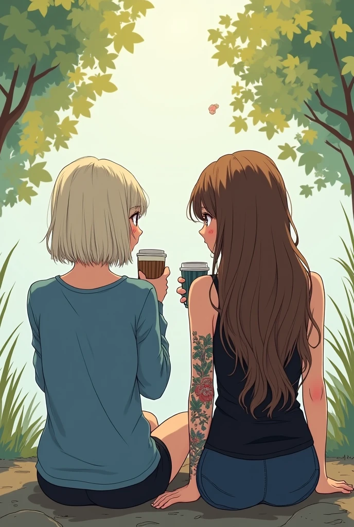 Un dessin de type manga de deux filles assises l'une à côté de l'autre de dos qui boivent un café dans la nature. We only see their backs. The first girl has platinum blonde hair with a very straight bob cut that stops at the shoulders and a blue sweater.. The second one has very very long brown wavy hair down to her butt and a black tank top.. She has her entire right arm tattooed. Toutes les deux sont de dos et regardent en face d'elles avec leur café. 