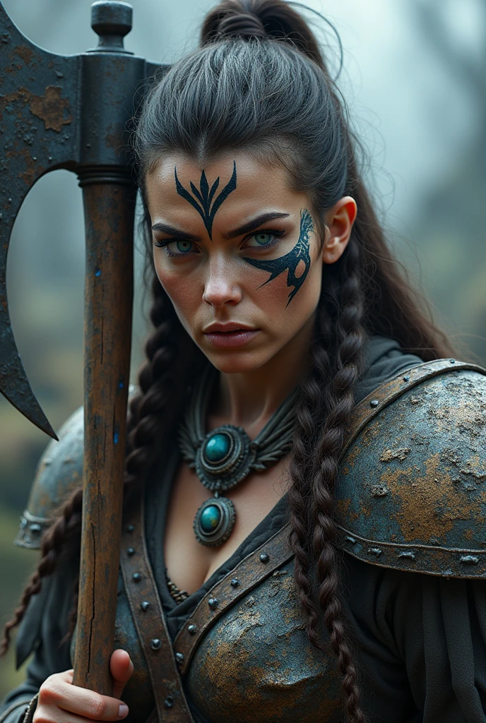 Nordic warrior close-up, axe on display, Woman, blue eye with strong ray,  big helmet on the head , tribal tattoo on face, Angry, necklace on the neck