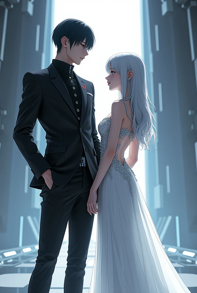Sanakan and Cibo from Blame! Manga in a wedding dress), (sci-fi theme) suit black hair, dress striking silver hair, Futuristic atmosphere Emphasizes radiance pure atmosphere Intricate details of the outfit A soft but bright light shines from above. Intimate and romantic atmosphere Highly detailed, exceptionally detailed, cinematic quality, emotionally charged scenes.