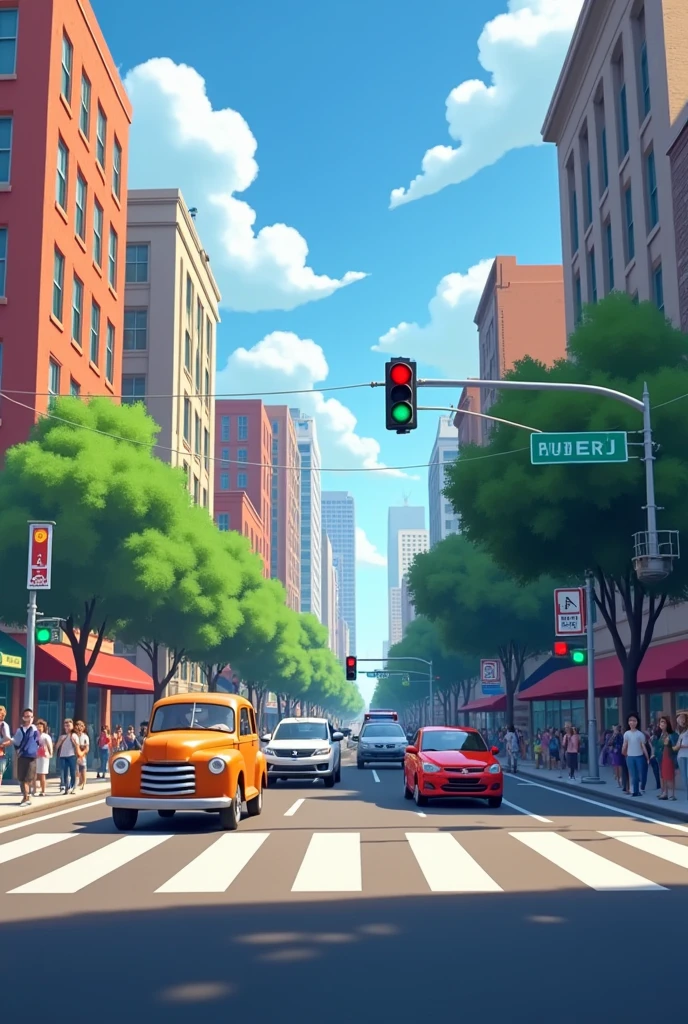 an animation of a street with a traffic light on green, with cars passing by and no people on the street, only people on the sidewalk waiting to cross the street.