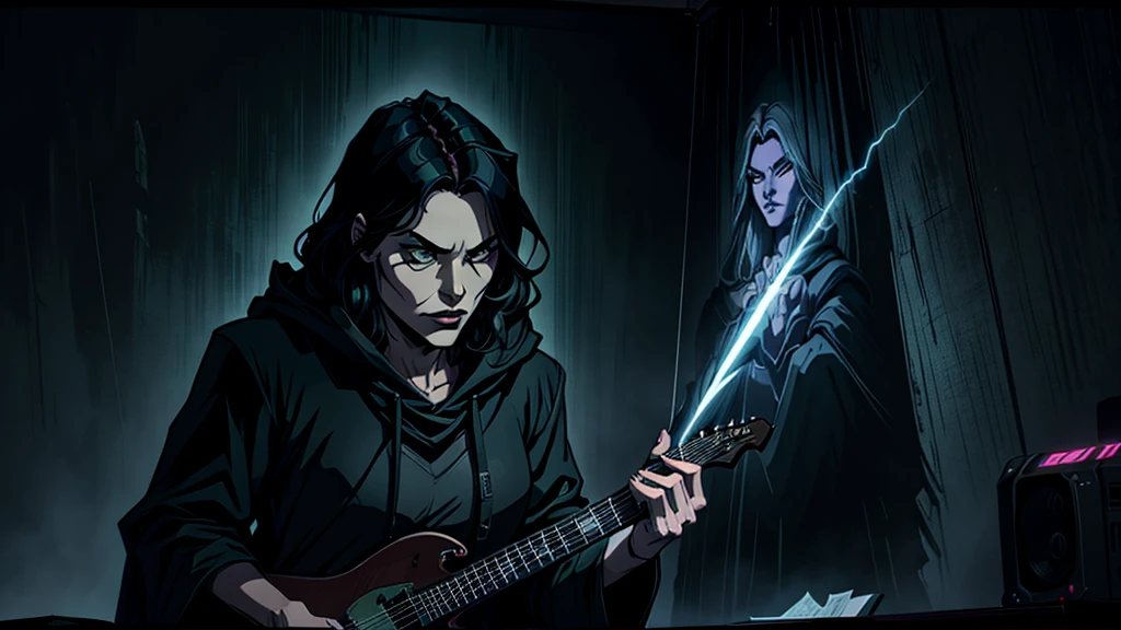 a dark anime character in a black cloak and dark clothes playing a bright green electric guitar in a dark room, colorful posters and items on the walls, detailed face and features, dramatic lighting, cinematic composition, digital art