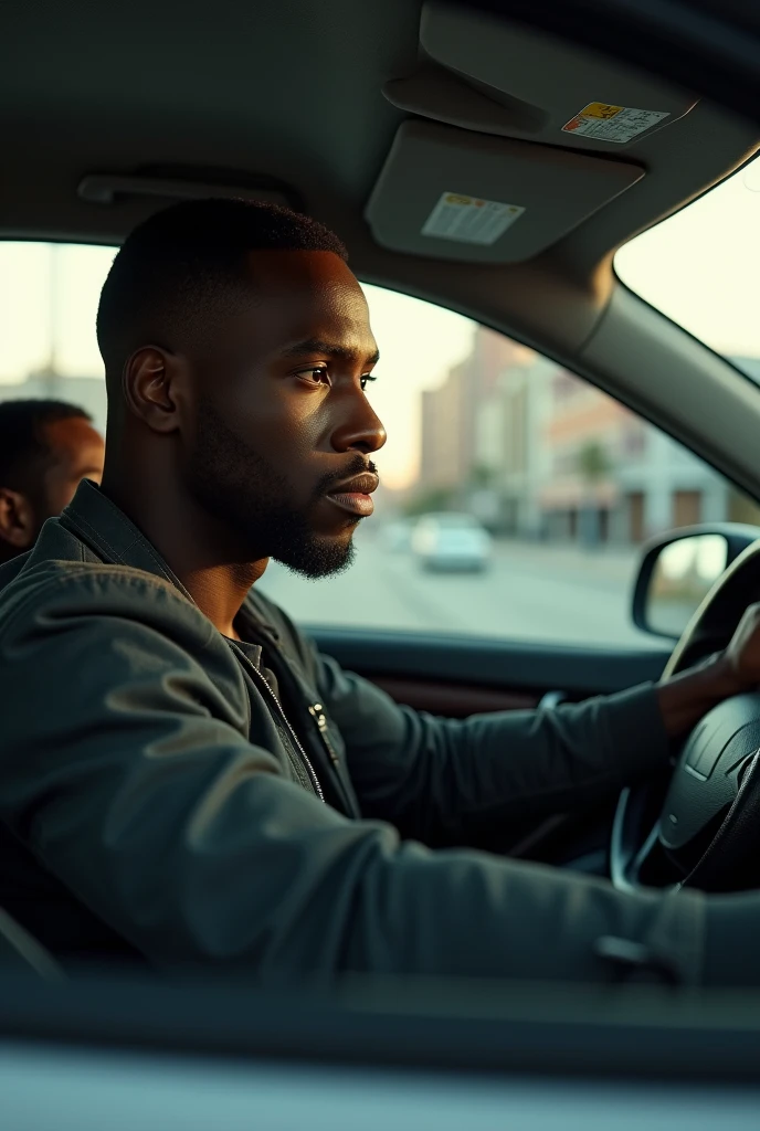 Wide view of black man with short hair, in front of the steering wheel of the car and looking forward, with a passenger in the back seat 