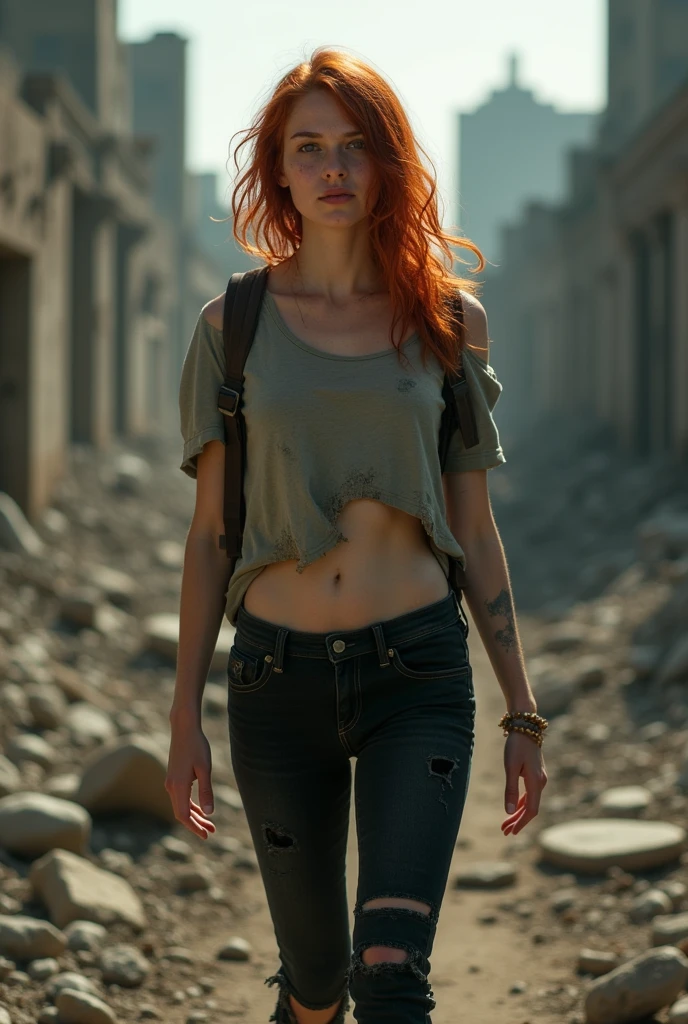 a cinematic portrait, focused on a subtle apocalyptic survivor. epic cinematography, the survivor is a girl with red hair, long disheveled hair, with a t-shirt that shows her shoulders, torn t-shirt, short t-shirt, tight and torn black jeans, backpack on her back, dirty post-apocalyptic terrain, sweaty face, walking among ruins, full body, detailed body, you can see a nipple in the torn shirt