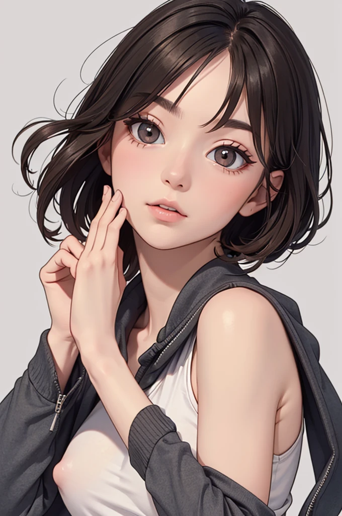 (((masterpiece, best quality, ultra highres, 1 girl, solo, no background))), super detailed skin and face and eyes and finger, beautiful japanese woman, flat breasts:1.5, skinny, light brown hair, very short pixie hair, pixie haircut, cowboy shot, white background, 2D anime, boyish, Various clothes, Various poses, Various expressions, Please draw the entire character within the frame, ensuring that the head, arms and legs are not cut off, with the character positioned centrally, female genitals visible through tight clothing, nipple dots, 